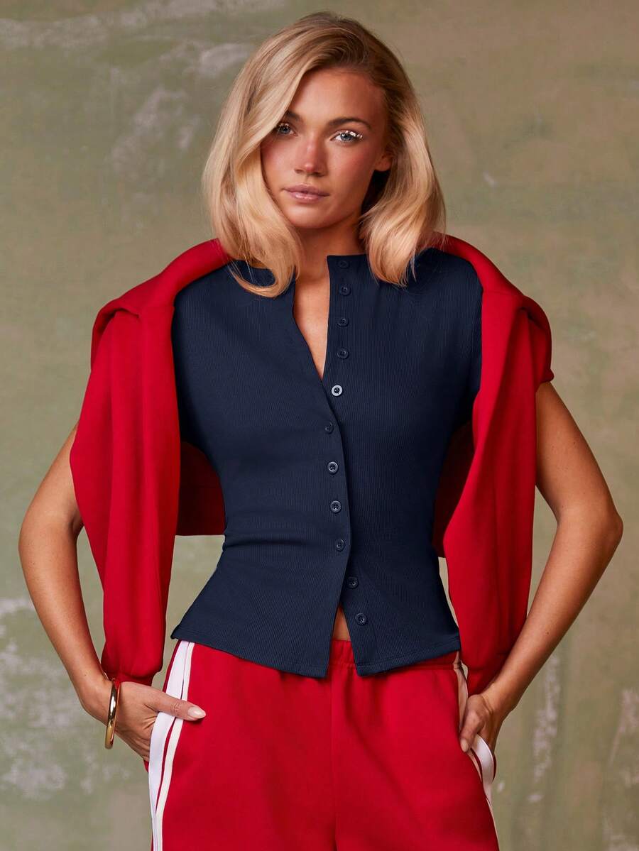 Women's Casual Red Single-Breasted Short Sleeve Fitted Top,Red Top,Christmas, Cute Vacation,Resort Wear,Summer Holiday,Spring,Spring Break,Beach