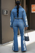 Fuzzy Collar Cuff Jacket Flared Pants Print Denim 2pcs Set-Blue