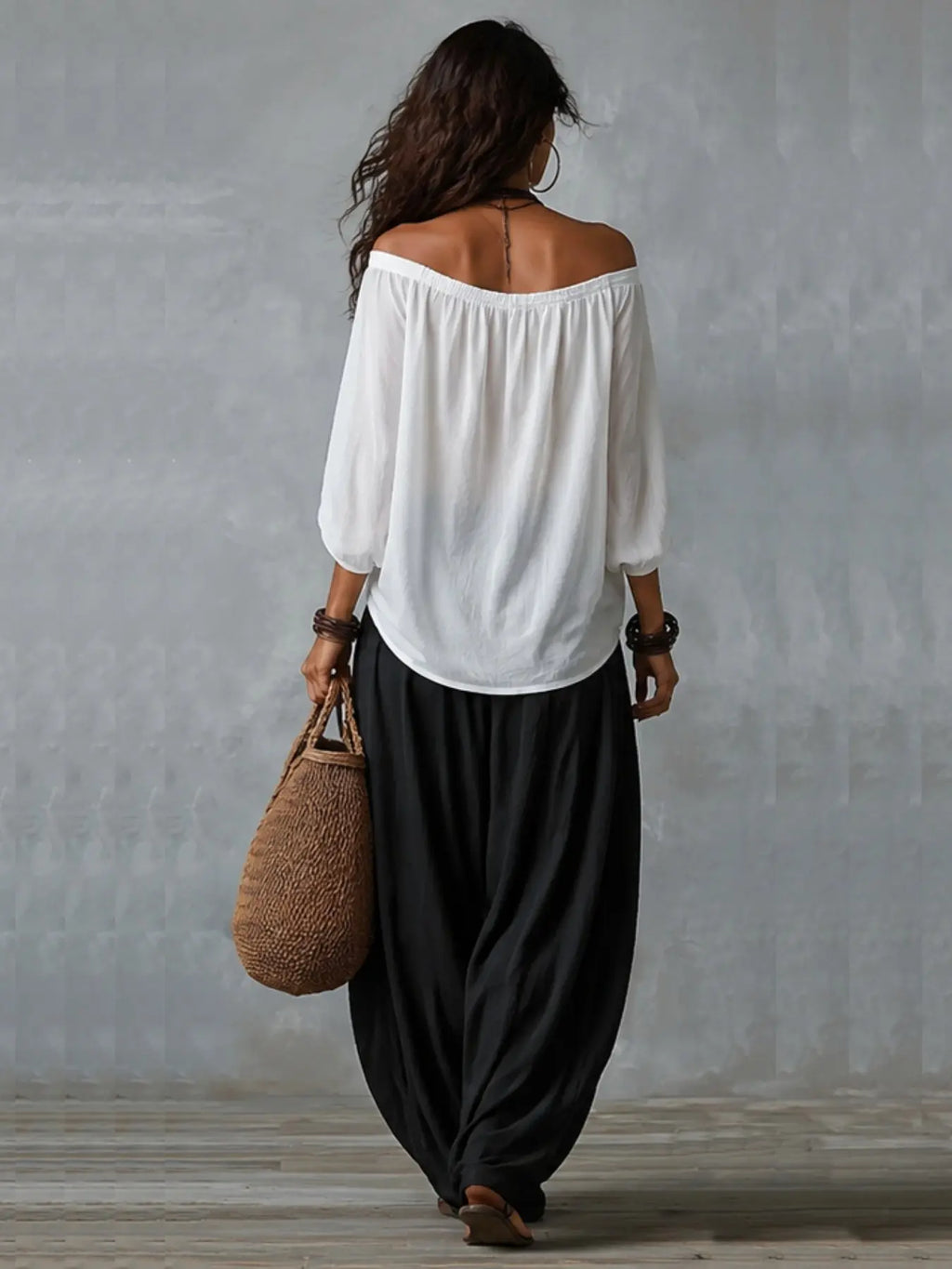 2026 New Women Two Piece Matching Set, Oversized Long off Shoulder Blouse, Elastic Cuff Lantern Pants, Casual Vacation Streetwear
