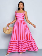 Women's Blue And White Stripe Flowing Maxi Dress,Summer Elegant Holiday Tea Party Holiday,Shoulder Straps Chest Gathering,Beach Casual Gown