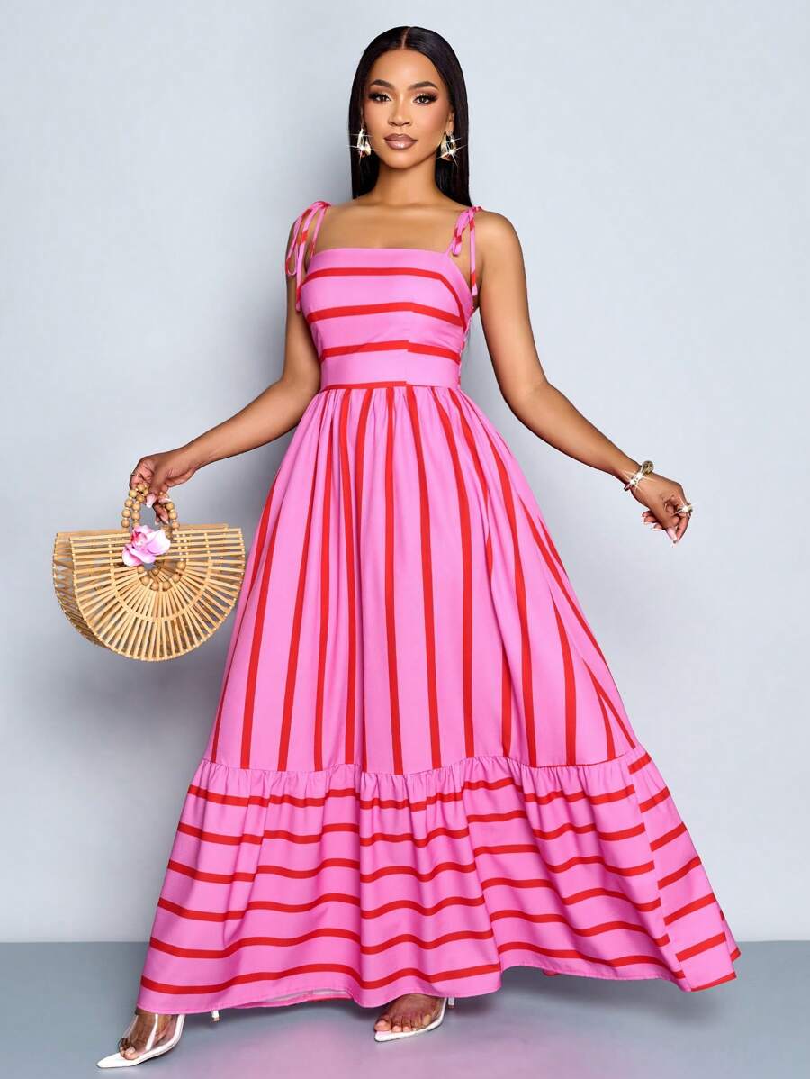 Women's Blue And White Stripe Flowing Maxi Dress,Summer Elegant Holiday Tea Party Holiday,Shoulder Straps Chest Gathering,Beach Casual Gown