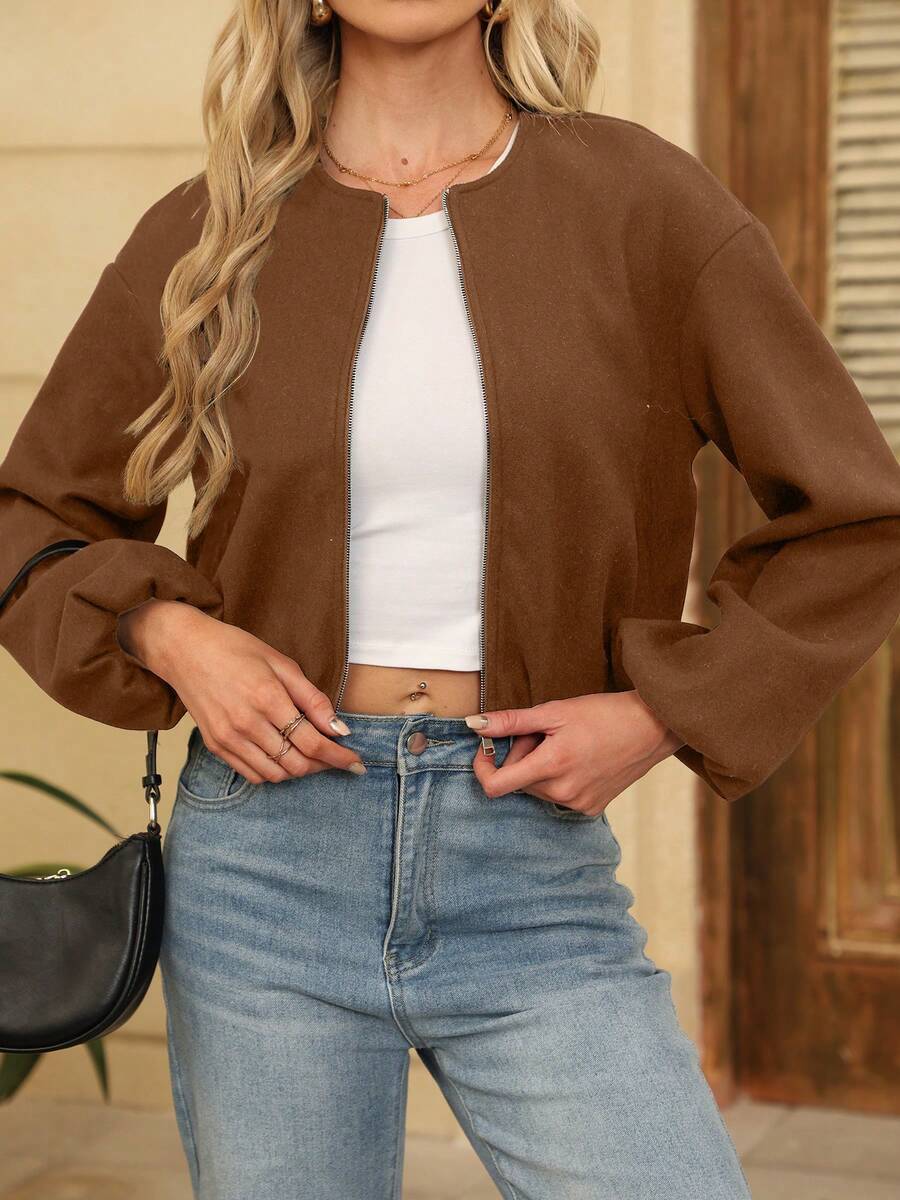 Women's Baseball Jacket Bomber Jacket Street Style Round Neck Drop Shoulder Lantern Sleeve Zip-Up Outerwear, Autumn/Winter Spring