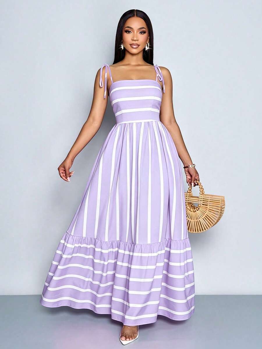 Women's Blue And White Stripe Flowing Maxi Dress,Summer Elegant Holiday Tea Party Holiday,Shoulder Straps Chest Gathering,Beach Casual Gown
