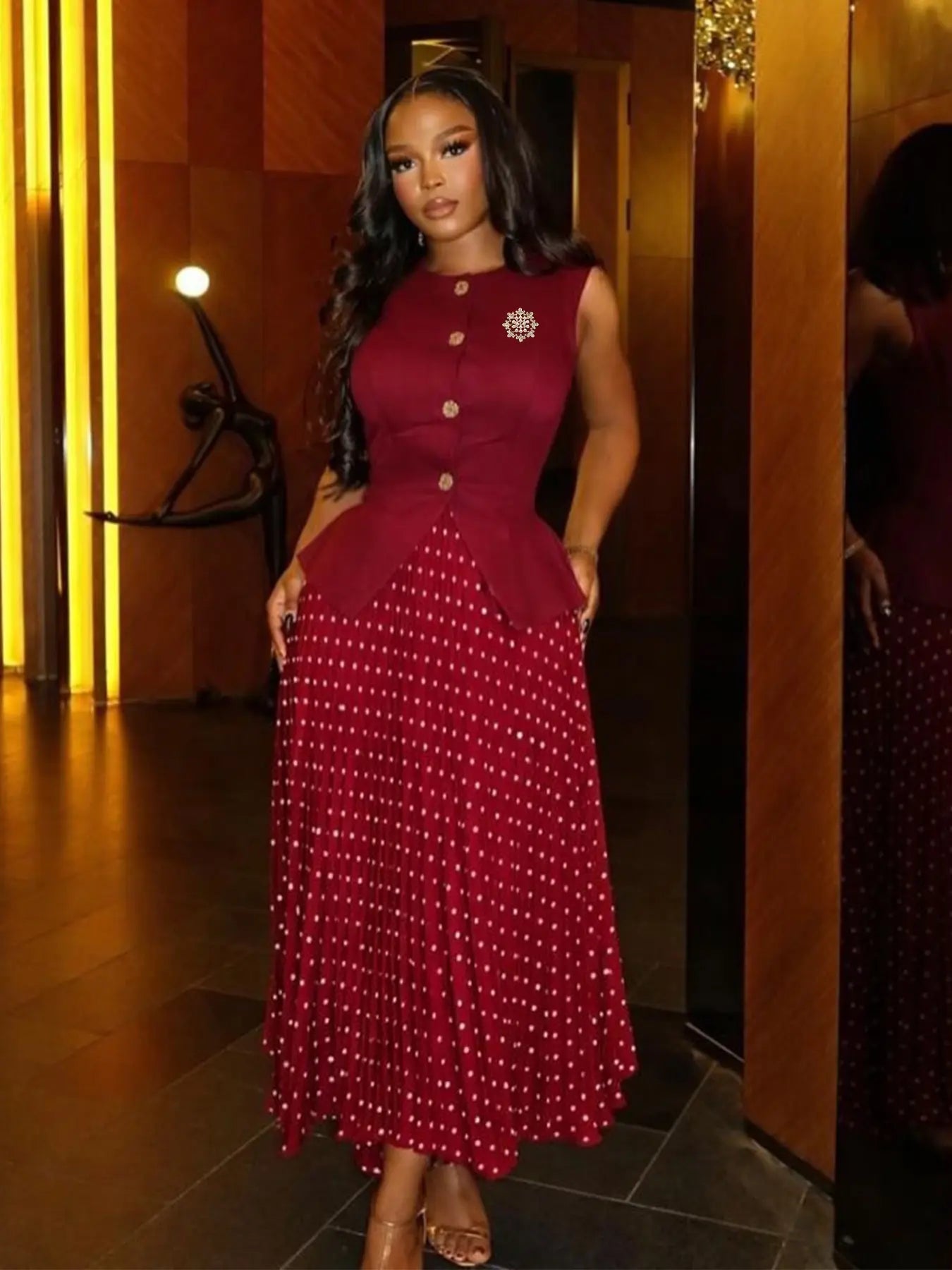 Summer New Women's Fashion Elegant Sleeveless Vest & Pleated Print Skirt Set, Half Skirt Set, Casual Versatile Button Design Unique Dress Set, Clothing Sets