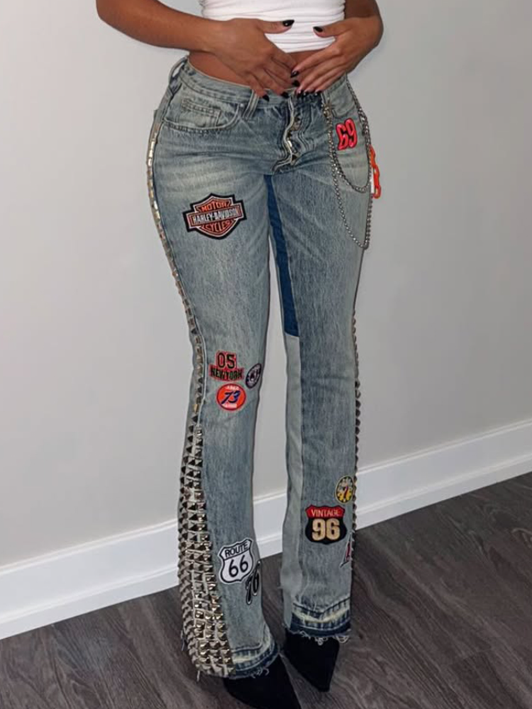 Womens Printed Washed Water Casual Jeans