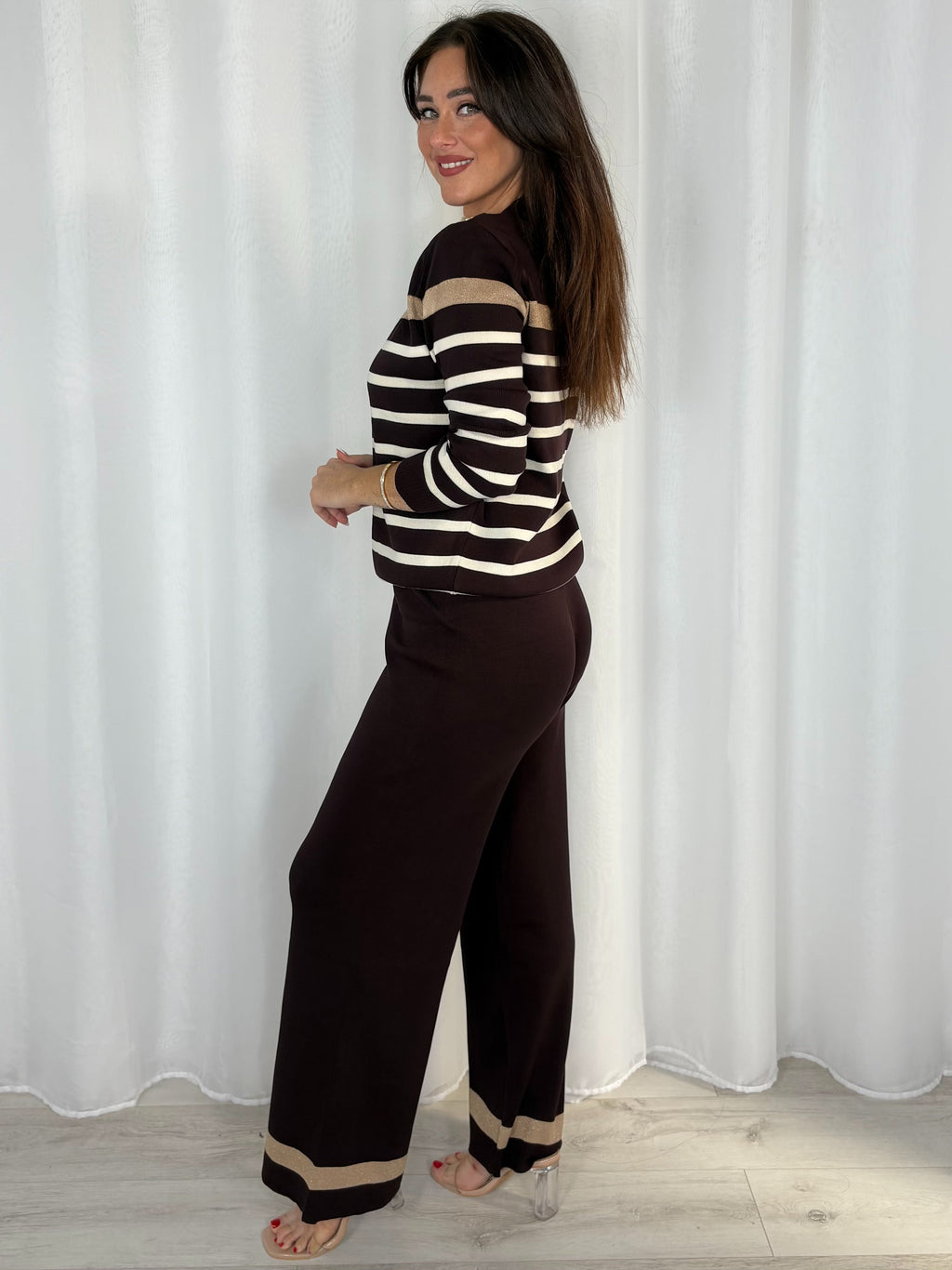 Striped Jumper With Gold Button Detail And Straight Leg Trouser Co-Ord (4 Colours)
