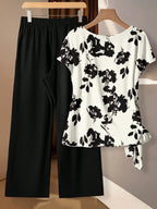 Women's Tie Bow Blouse And Straight Leg Pants 2 Pieces Set Blouse And Pants Set Floral 2 Pieces Set Modest Two Pieces Set Two Pieces Set,Casual