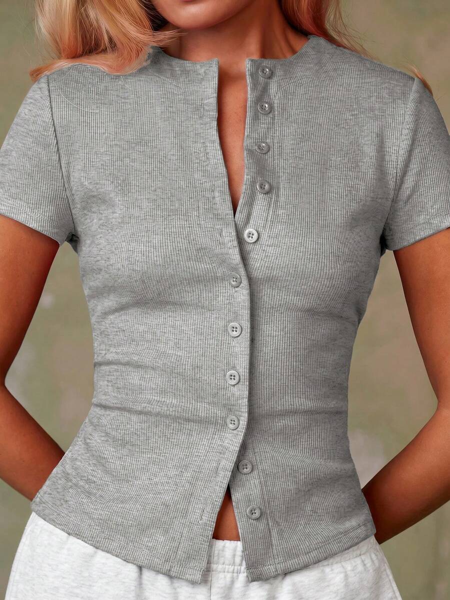 Women's Casual Red Single-Breasted Short Sleeve Fitted Top,Red Top,Christmas, Cute Vacation,Resort Wear,Summer Holiday,Spring,Spring Break,Beach