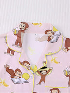 Women's Monkey Banana Print Sleepwear Set, Comfortable Short Sleeve Button Shirt & Loose Elastic Shorts, Fashion Casual Home Wear, Pajama Set, Matching Pj Set, Sleepwear Pajamas Set