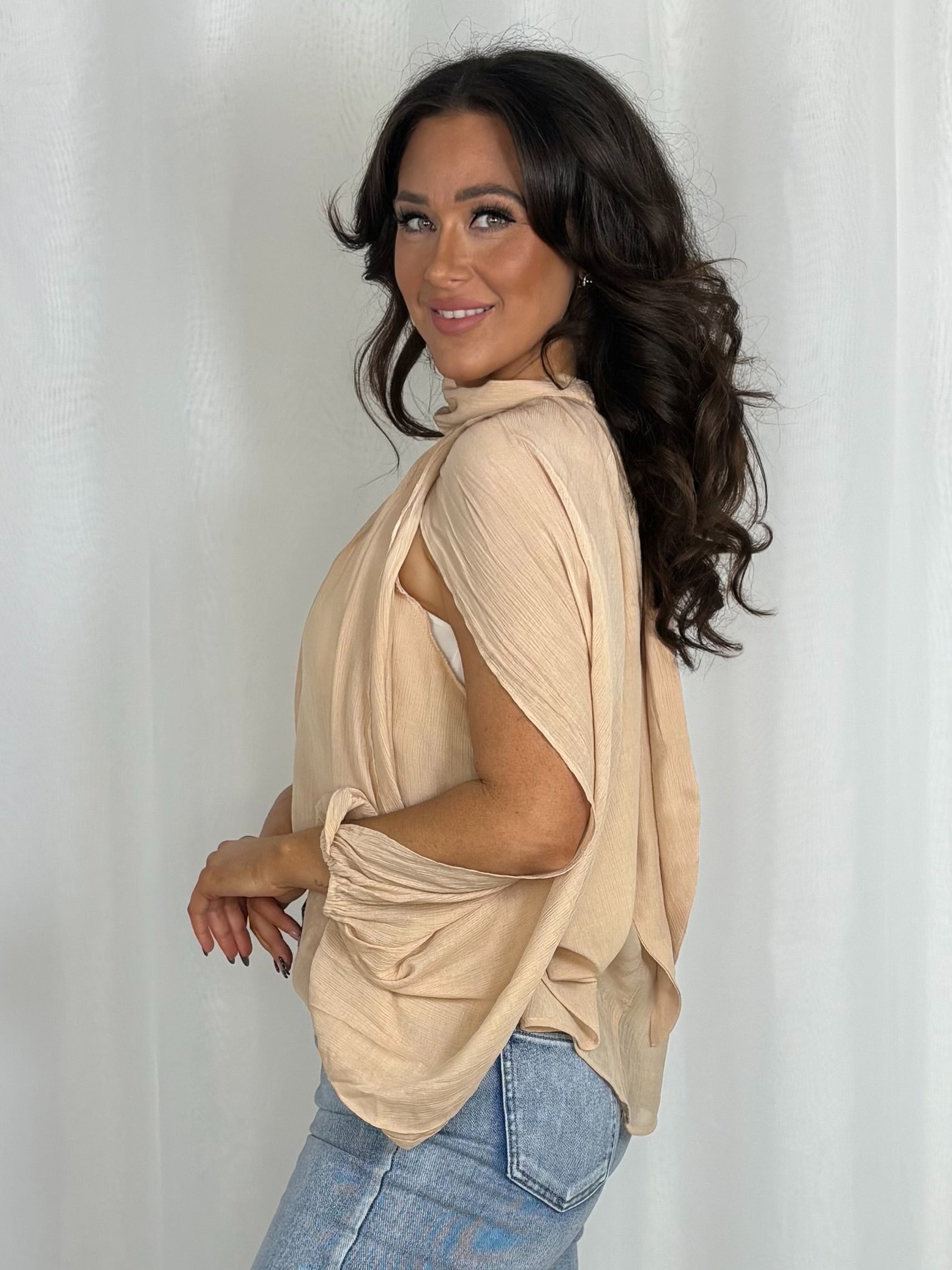 High Neck Tie Back Floaty Open Sleeve Top (3 Colours)