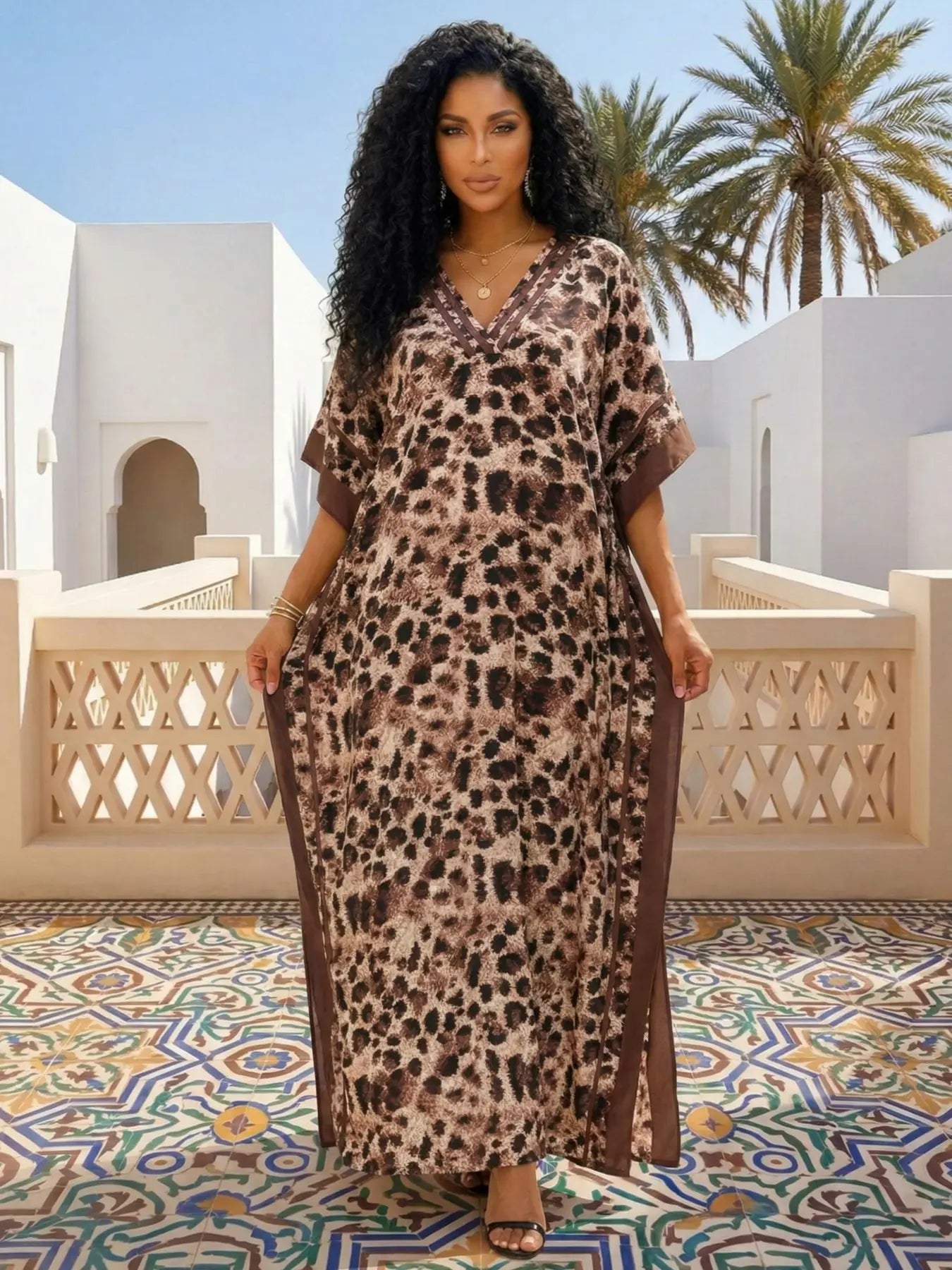 EDOLYNSA Leopard kaftans for woman caftan beach printing Moo Moo Dress casual cover up Bohemian daily wear Soft Homewear vacation party long dress lounge wear Q1615