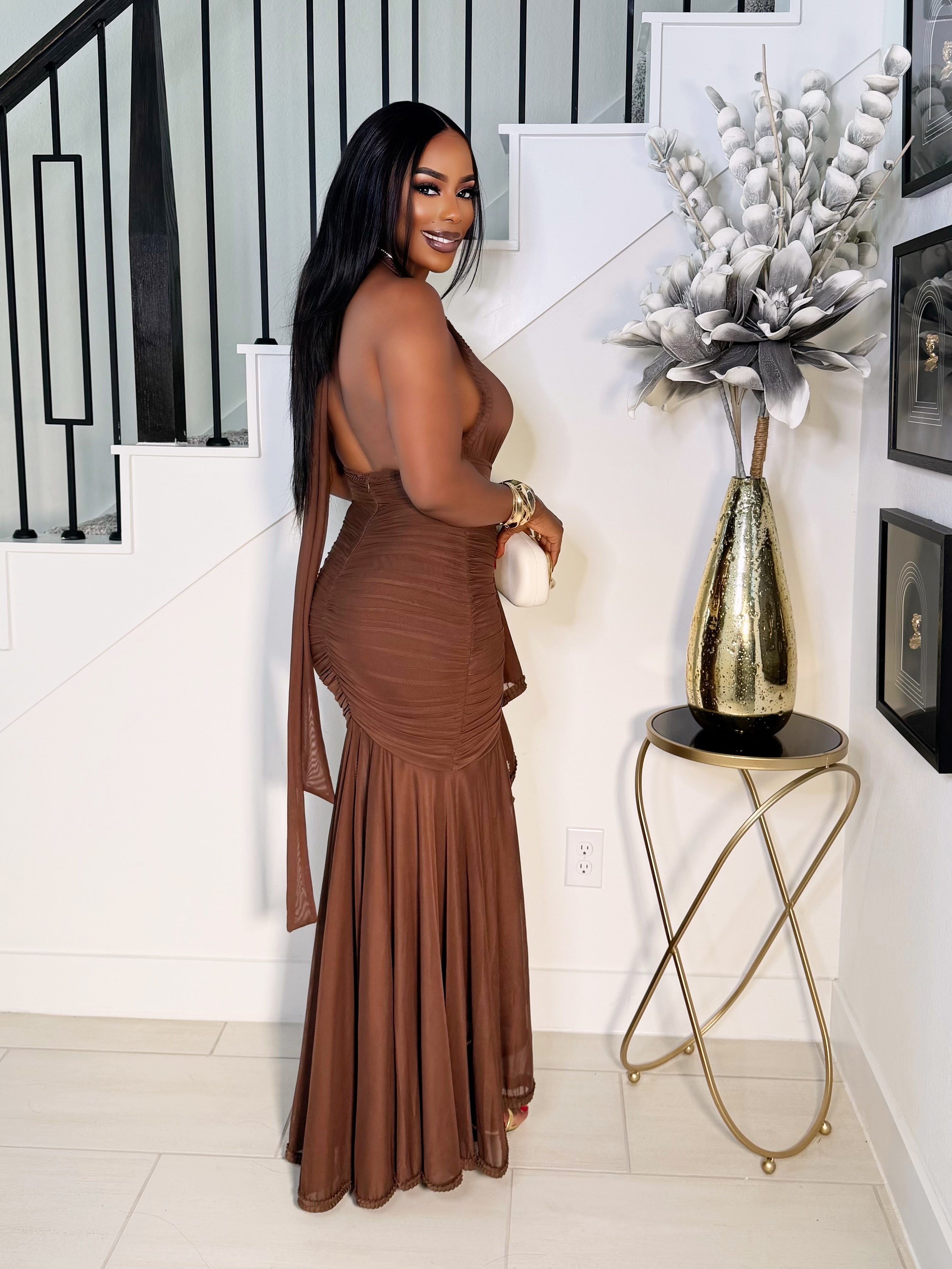 STELLA MAXI HALTER NECK DRESS (CHOCOLATE)