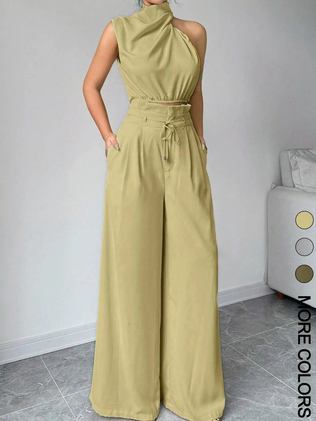 Women's Elegant Two-Piece Set, Irregular Crop Top & Wide-Leg Pants
