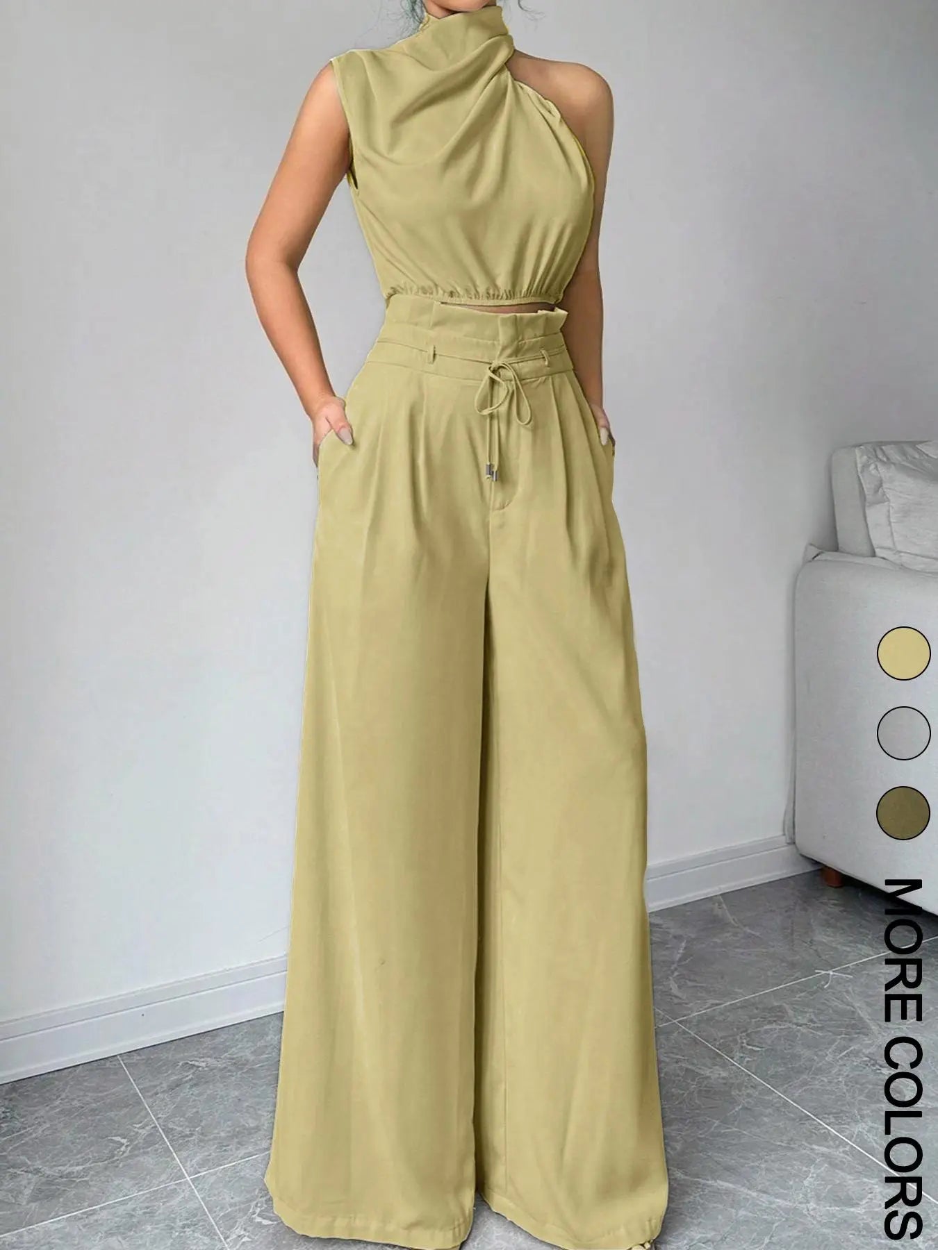 Women's Elegant Two-Piece Set, Irregular Crop Top & Wide-Leg Pants