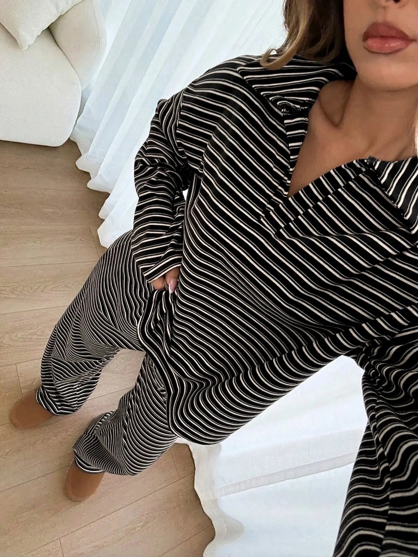 Women's 2pcs Set Loose Striped V-Neck Drop Shoulder Long Sleeve T-Shirt &Elastic Waist Striped Pants, Brown, Casual Sets For Women, Pajamas Set, Loungewear, Casual Sets For Women Brown Two Piece Set Women