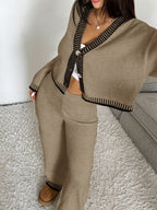 Women's Basic V Neck Colorblock Cardigan Sweater Set, Casual Loose-Fit Crop Top & High Waist Wide Leg Pants, Fall Winter Knitted Outfit Elastic