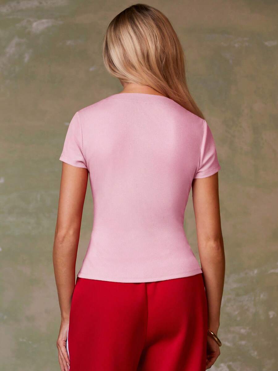 Women's Casual Red Single-Breasted Short Sleeve Fitted Top,Red Top,Christmas, Cute Vacation,Resort Wear,Summer Holiday,Spring,Spring Break,Beach