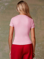 Women's Casual Red Single-Breasted Short Sleeve Fitted Top,Red Top,Christmas, Cute Vacation,Resort Wear,Summer Holiday,Spring,Spring Break,Beach