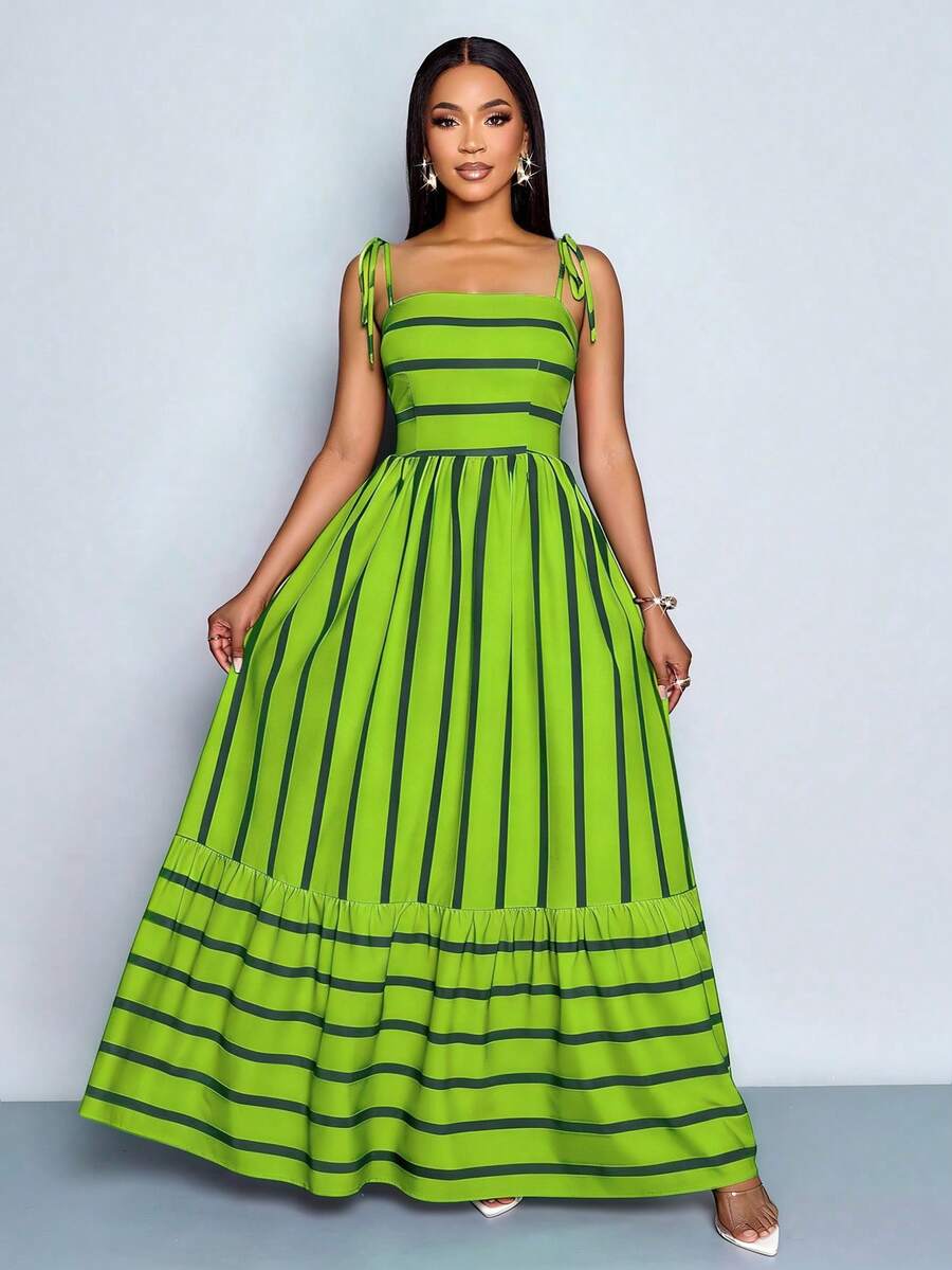Women's Blue And White Stripe Flowing Maxi Dress,Summer Elegant Holiday Tea Party Holiday,Shoulder Straps Chest Gathering,Beach Casual Gown