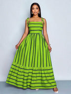 Women's Blue And White Stripe Flowing Maxi Dress,Summer Elegant Holiday Tea Party Holiday,Shoulder Straps Chest Gathering,Beach Casual Gown
