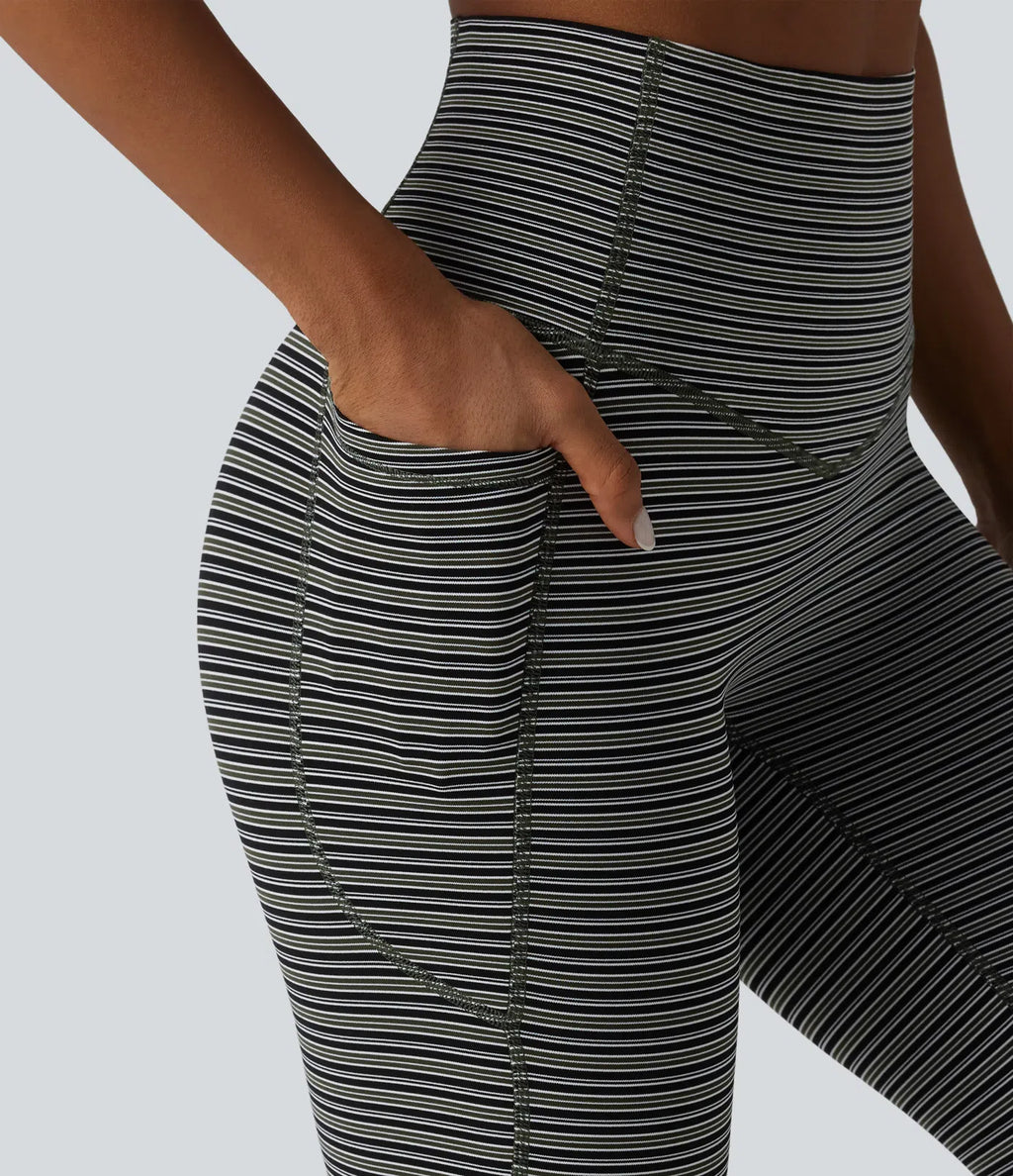 UltraSculptTM Jacquard Stripe High Waisted Tummy Control Running Leggings with Pockets