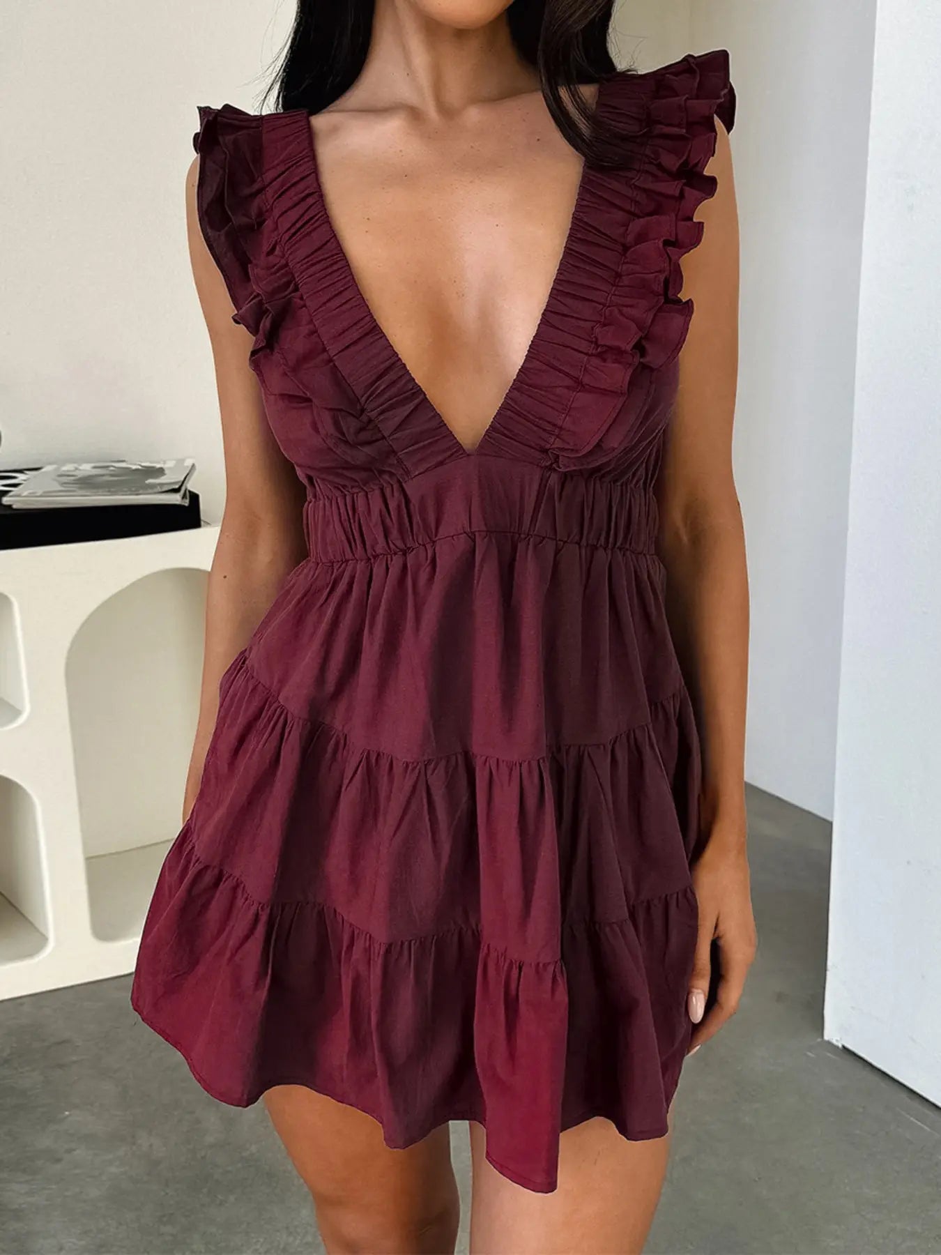 Casual Dress for Summer, Breathable Women's Fitted Plain Deep V Neck Ruffled Dress, Women's Clothes for Daily Wear, Womenswear