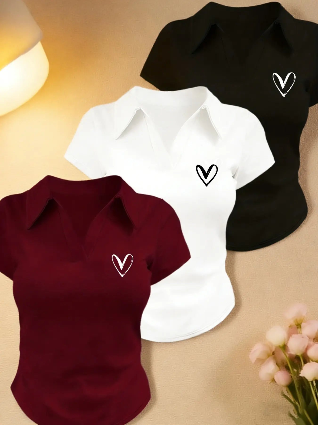 Women's 3 Pack Heart Graphic Polo Shirts, Short Sleeve V Neck Slim Fit Crop Tops, Soft Stretchy Y2K Aesthetic Tees, Casual Going Out Daily Wear for Teens, Juniors & Young Adults