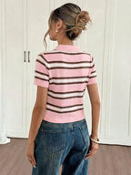 Women's Preppy Striped Knit Polo Shirt, Slim-Fit Short-Sleeve with Contrast Collar, Soft Lightweight Summer Top, Striped Polo Shirts