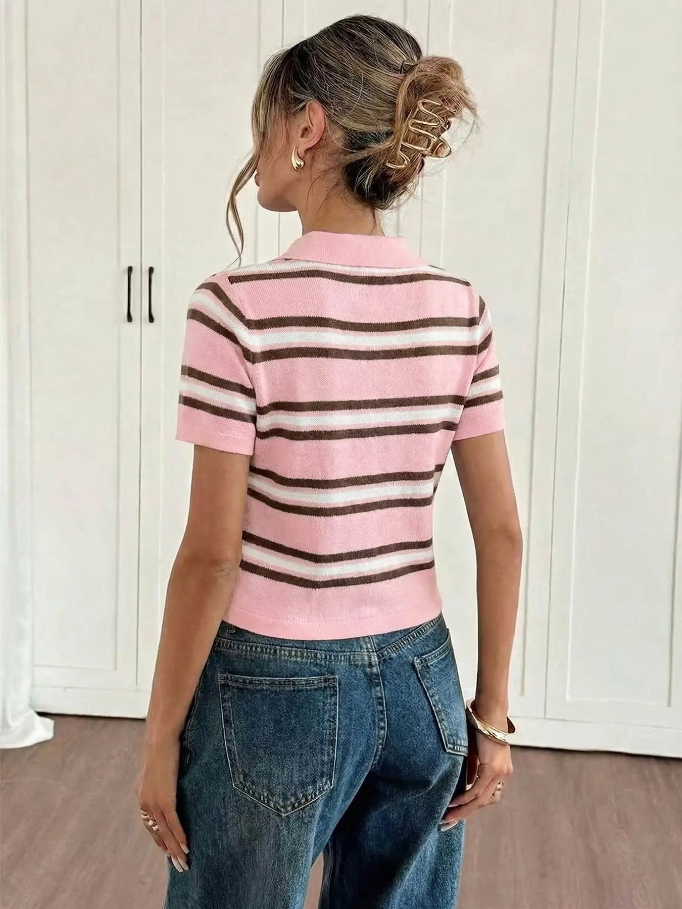 Women's Preppy Striped Knit Polo Shirt, Slim-Fit Short-Sleeve with Contrast Collar, Soft Lightweight Summer Top, Striped Polo Shirts