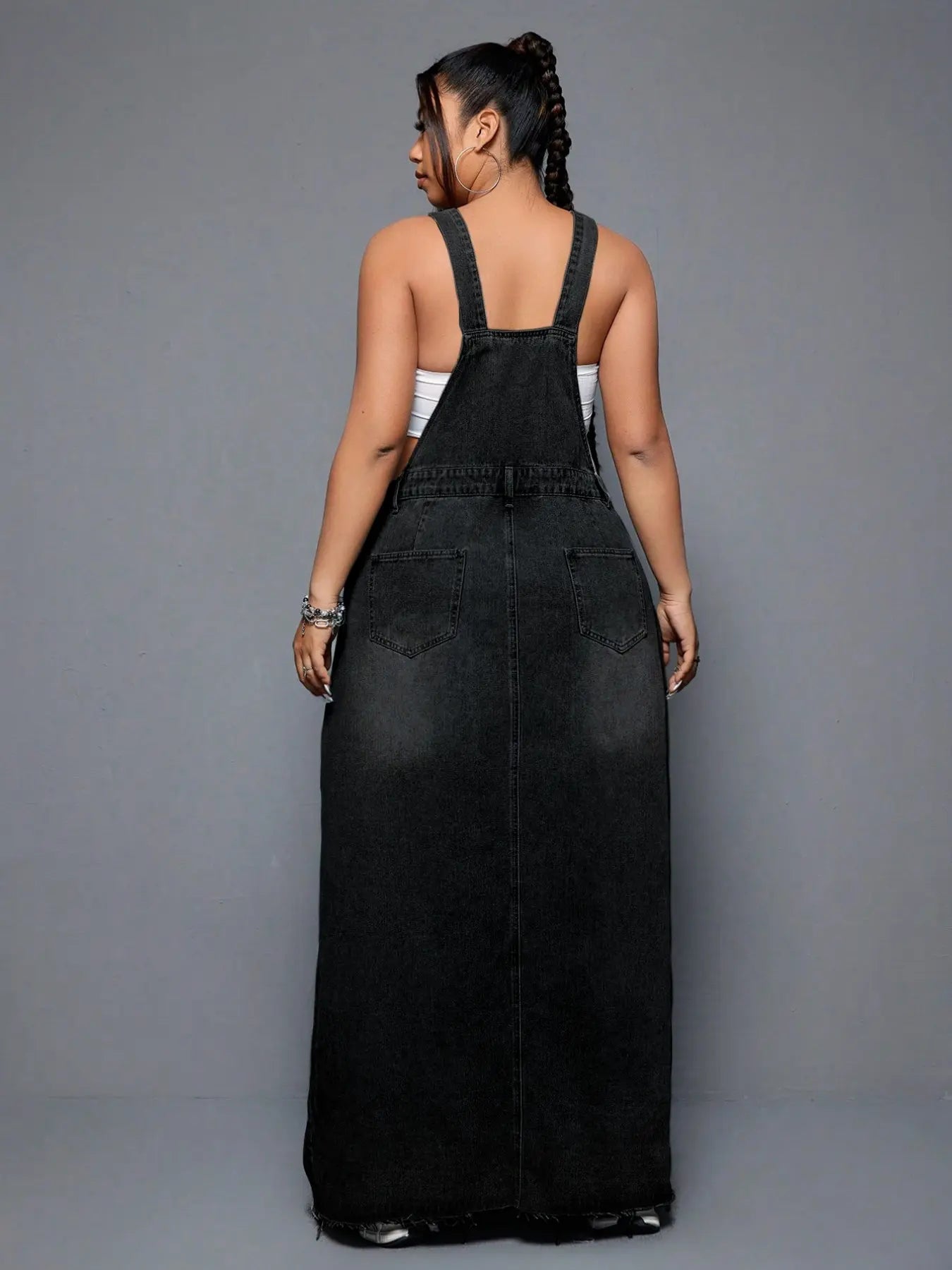 Plus Size Women's Summer Punk Casual Style Frayed Denim Strap Dress, Essential for Daily Outings, Trendy and Comfortable Long Skirt