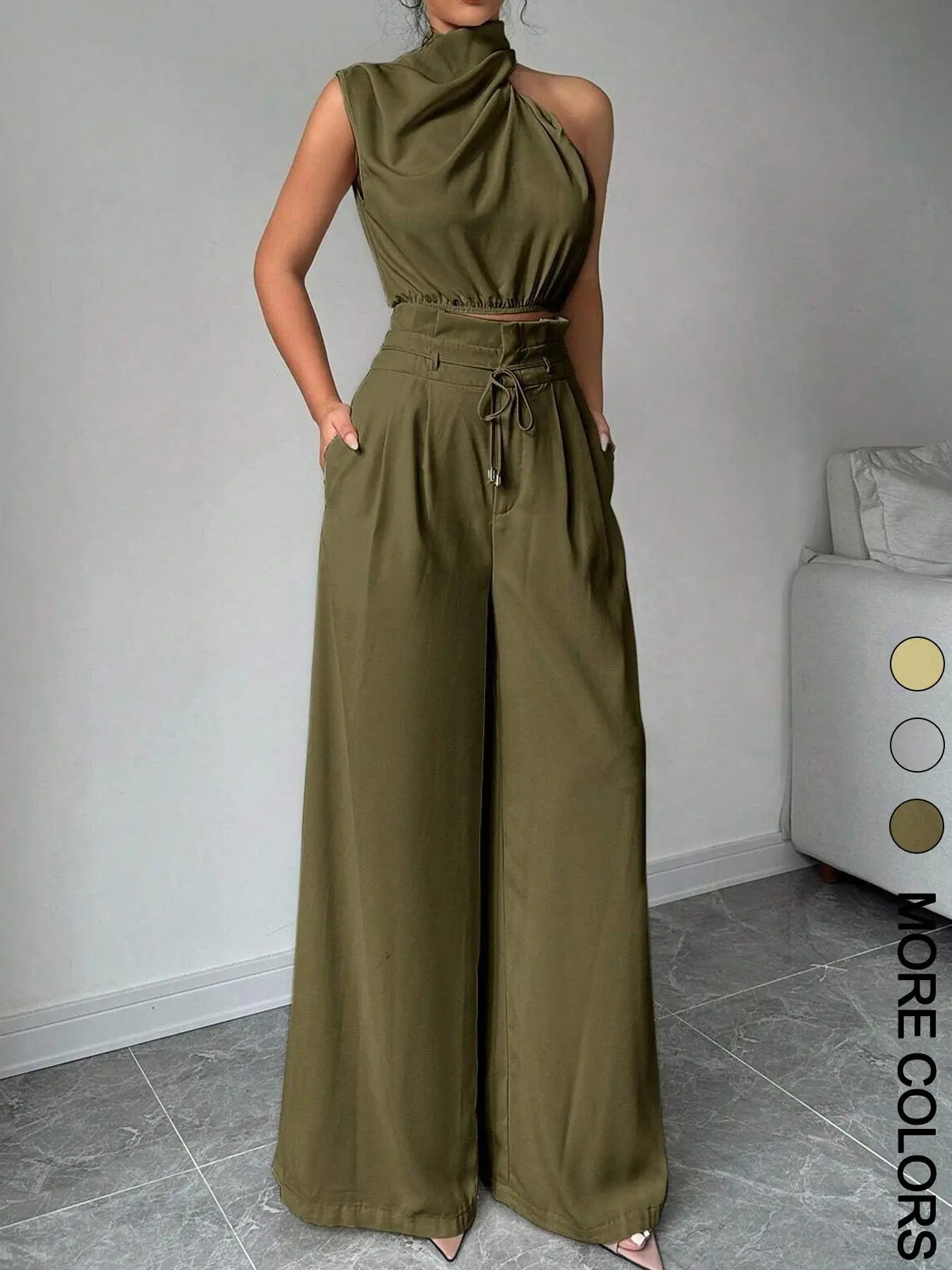 Women's Elegant Two-Piece Set, Irregular Crop Top & Wide-Leg Pants