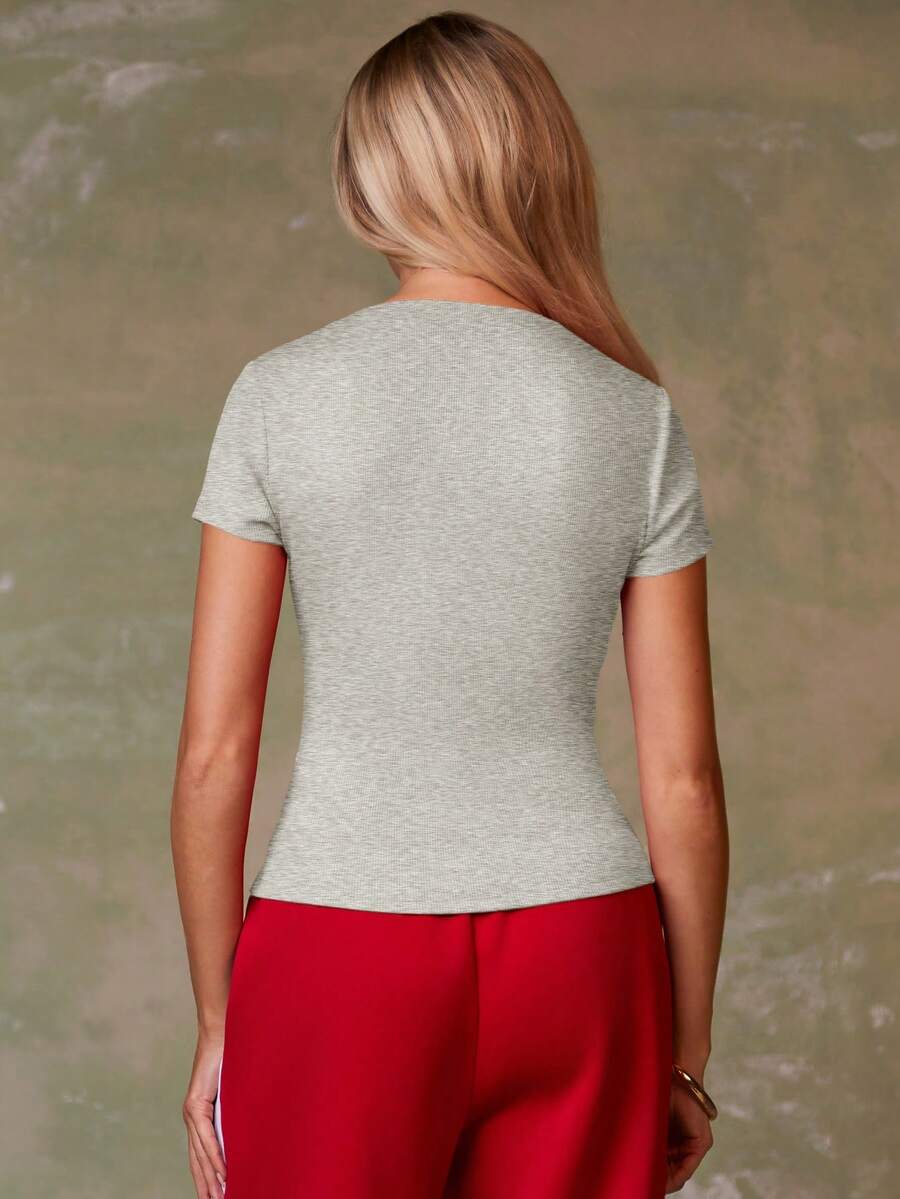 Women's Casual Red Single-Breasted Short Sleeve Fitted Top,Red Top,Christmas, Cute Vacation,Resort Wear,Summer Holiday,Spring,Spring Break,Beach