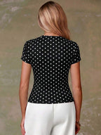 Women's Casual Red Single-Breasted Short Sleeve Fitted Top,Red Top,Christmas, Cute Vacation,Resort Wear,Summer Holiday,Spring,Spring Break,Beach