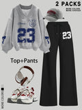 Women's V Neck Sweater Pants Set, Fashionable Digital Bowknot Print, Straight Leg Elastic Waist, Casual Long Sleeve Pullover