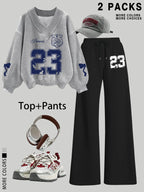 Women's V Neck Sweater Pants Set, Fashionable Digital Bowknot Print, Straight Leg Elastic Waist, Casual Long Sleeve Pullover