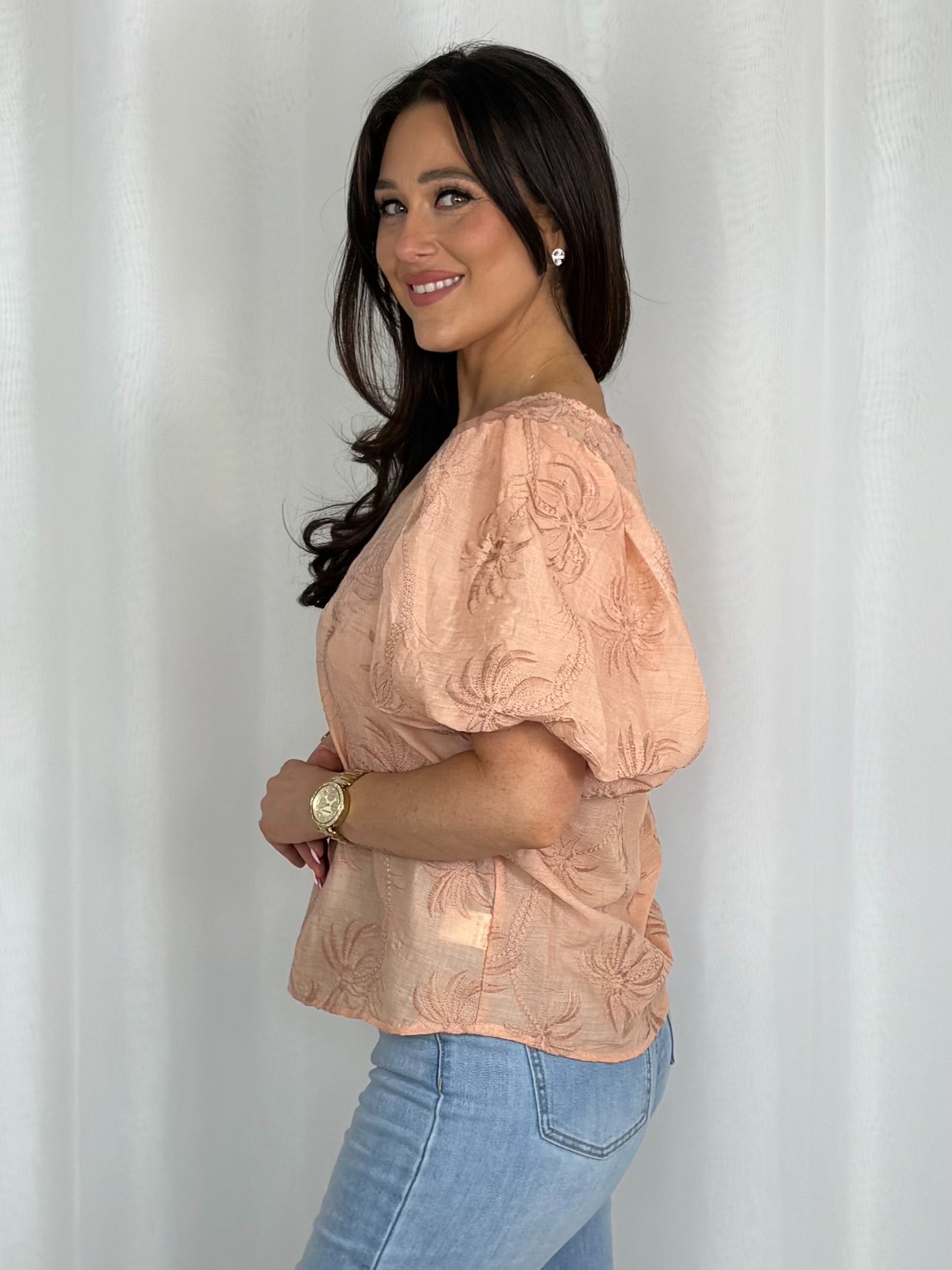 Peach Embroidered Palm Tree Balloon Sleeve Top