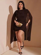 Plus Size Women's Solid Color Elegant Asymmetric Hem Mini Dress, Black Dress Dinner Evening Summer