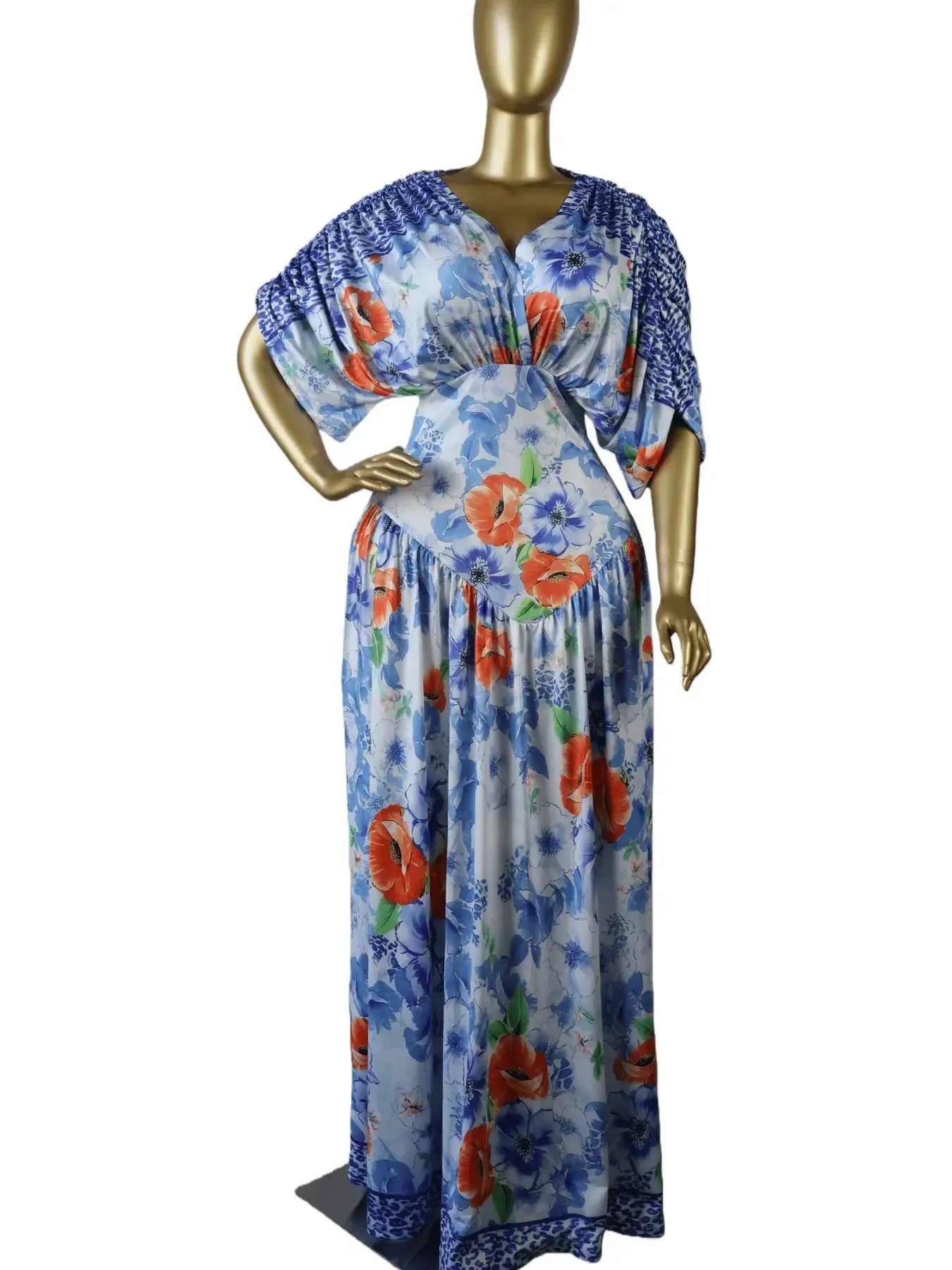 Women's Lady Tie-Dye Print V-Neck Batwing Short Sleeve Maxi Dress, Womenswear Autumn Birthday Party Vacation Gown, Sexy Evening Dress, Elegant Dress, Pleated A-line Trendy Floor Length Dresses, Streetwear Beach Clothing
