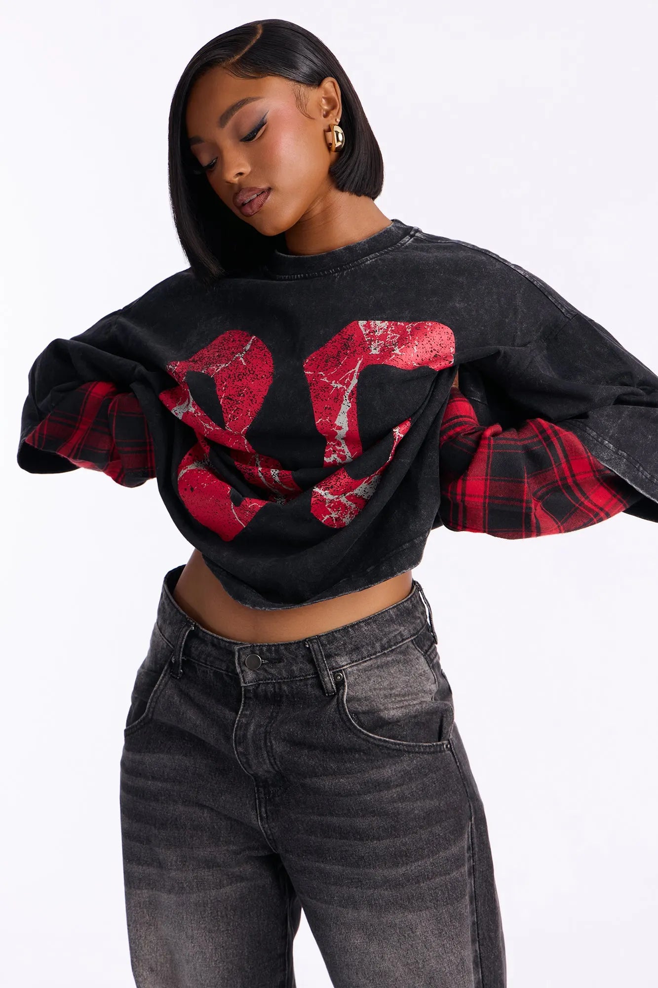 After Party 85 Plaid Crew Neck Twofer Tshirt - Red/combo