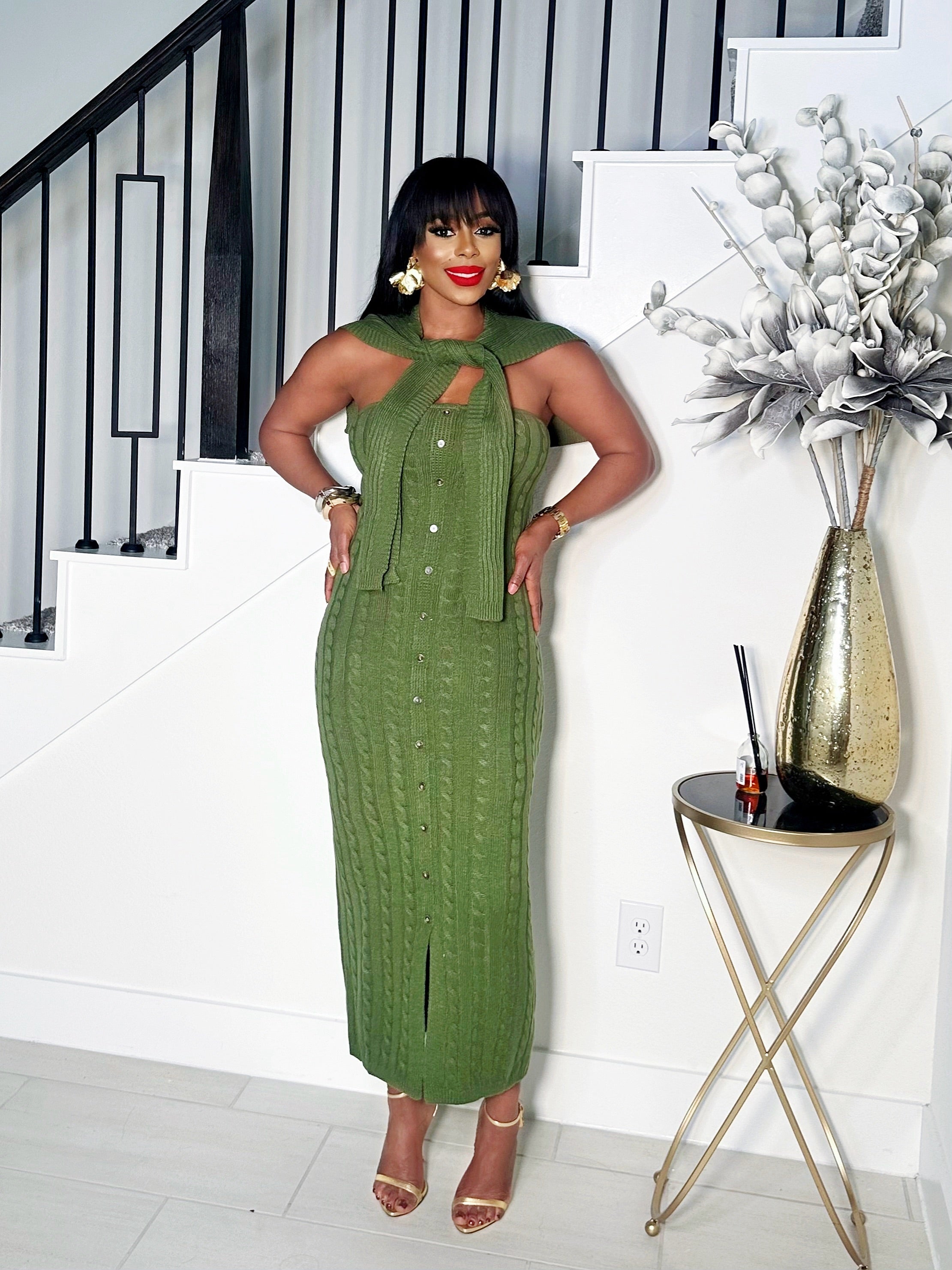 KYLIE 2 PIECE BUTTON DOWN KNIT DRESS (OLIVE)