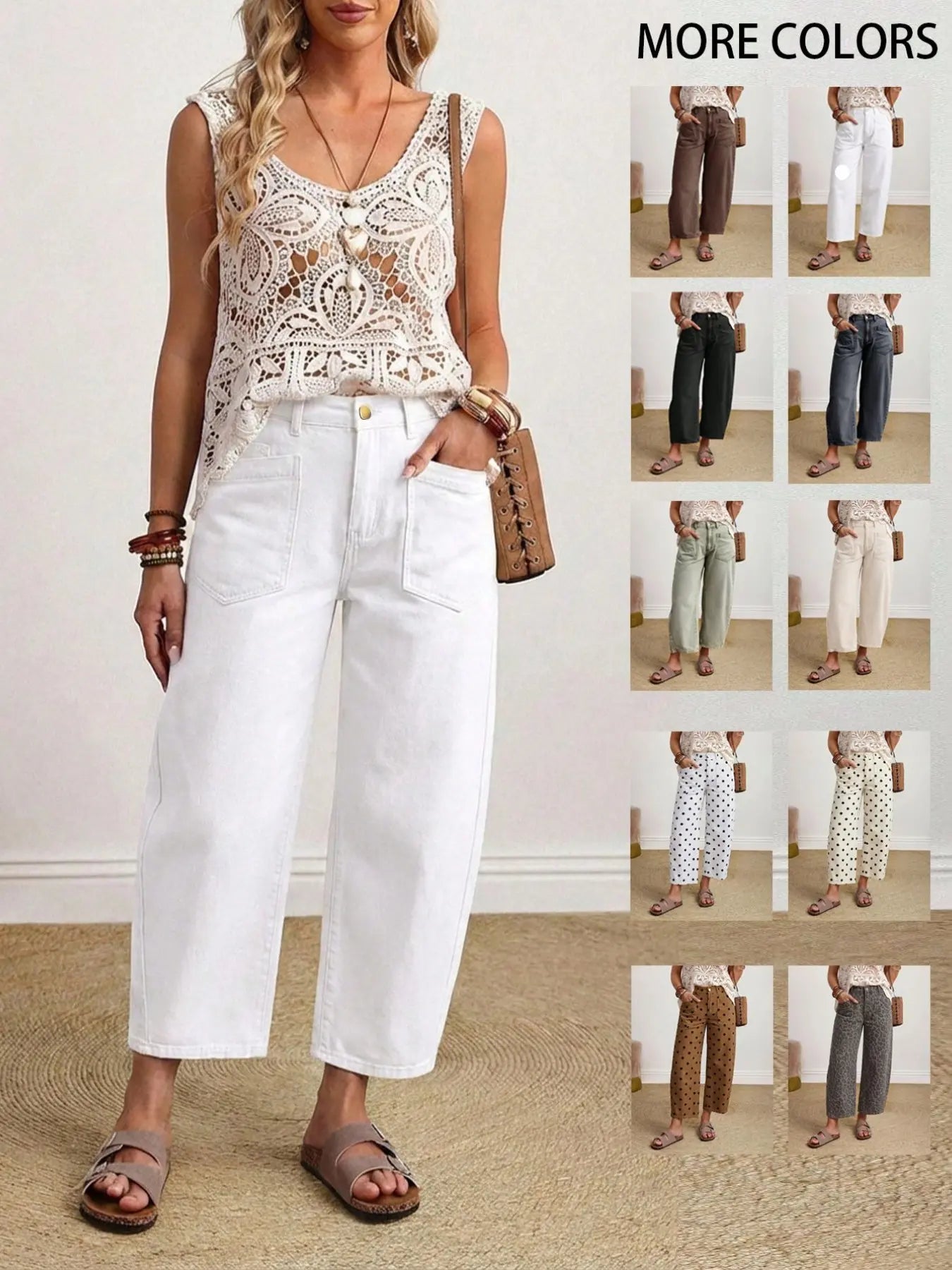 Coffee Color Patch Pocket Lantern Jeans, Casual Comfy Jeans, High Waist Loose Fit Retro Vacation Style Casual Pants