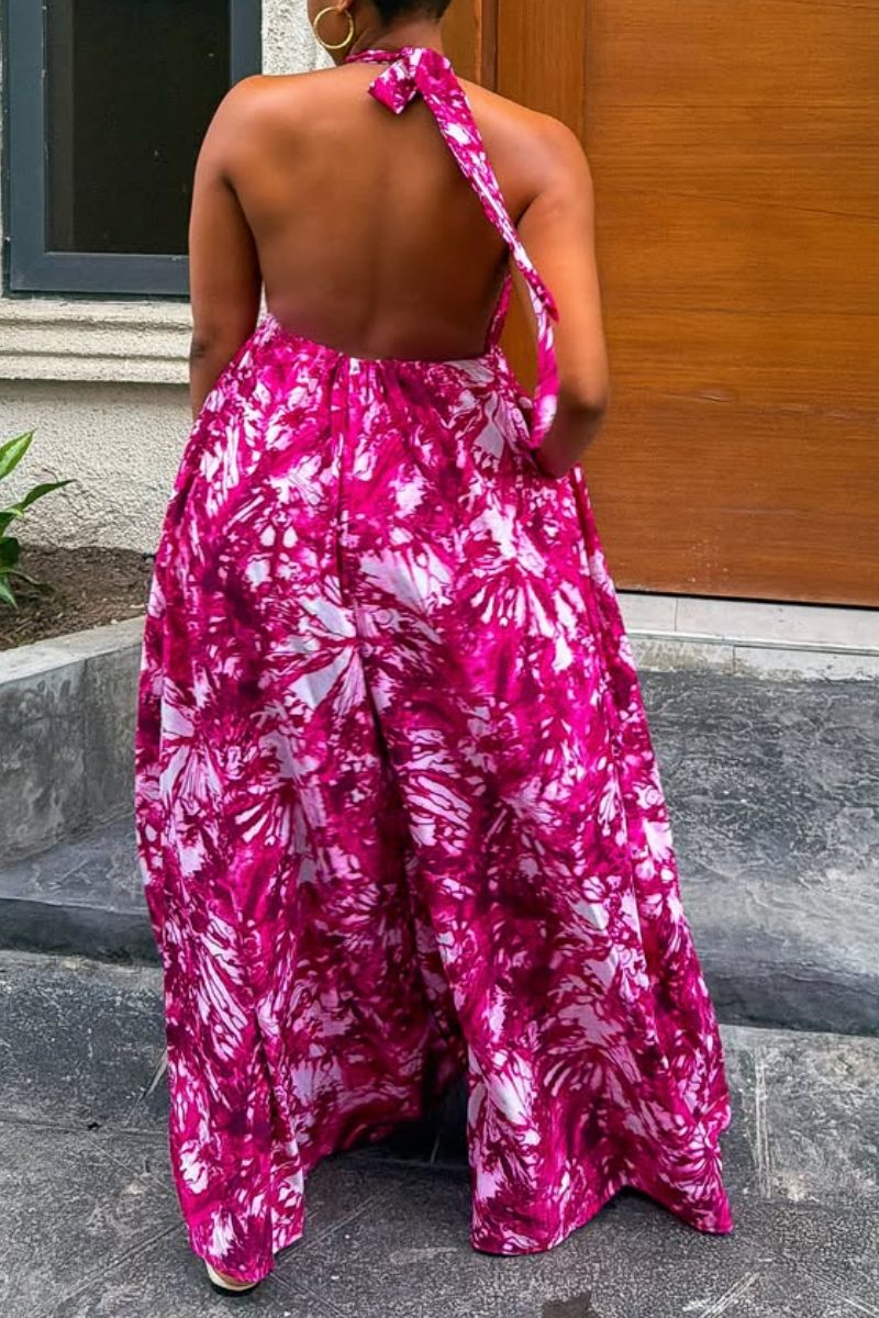 Women Neck Hanging Sleeveless Printed Vacation Casual Style Wide Leg Jumpsuit