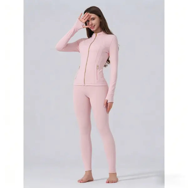 【Golden Zipper】Soft Brushed Women's Sport | Yoga | Quick-dry | Workout Jacket & High Waisted Cropped Leggings. Golden Zipper Jacket with Pockets, Yoga Pants, Thumbholes Design, Casual Slim fit Wear for Women