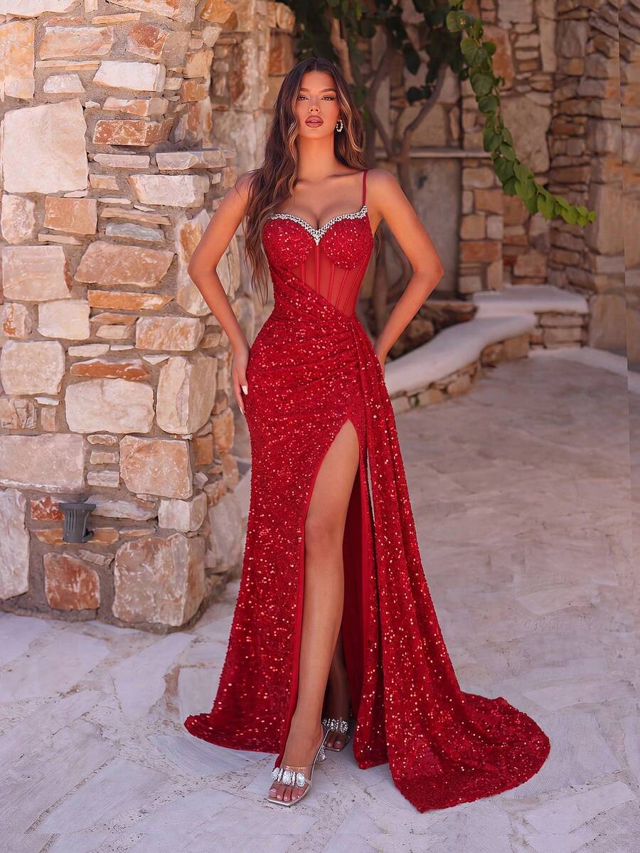 Elegant Sequin Spaghetti Strap Rhinestone Patchwork Fishbone High Waist High Slit Tie Back Open Back Evening Dress Fall