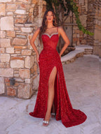 Elegant Sequin Spaghetti Strap Rhinestone Patchwork Fishbone High Waist High Slit Tie Back Open Back Evening Dress Fall