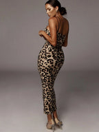 Women's All Over Leopard Print Asymmetrical Cami Dress, Elegant Sleeveless Spaghetti Strap Bodycon Fit Dress for Party Club Night Out, Fashion Chic Sundress, Ladies Summer Clothes, Midi Dress, Womenswear