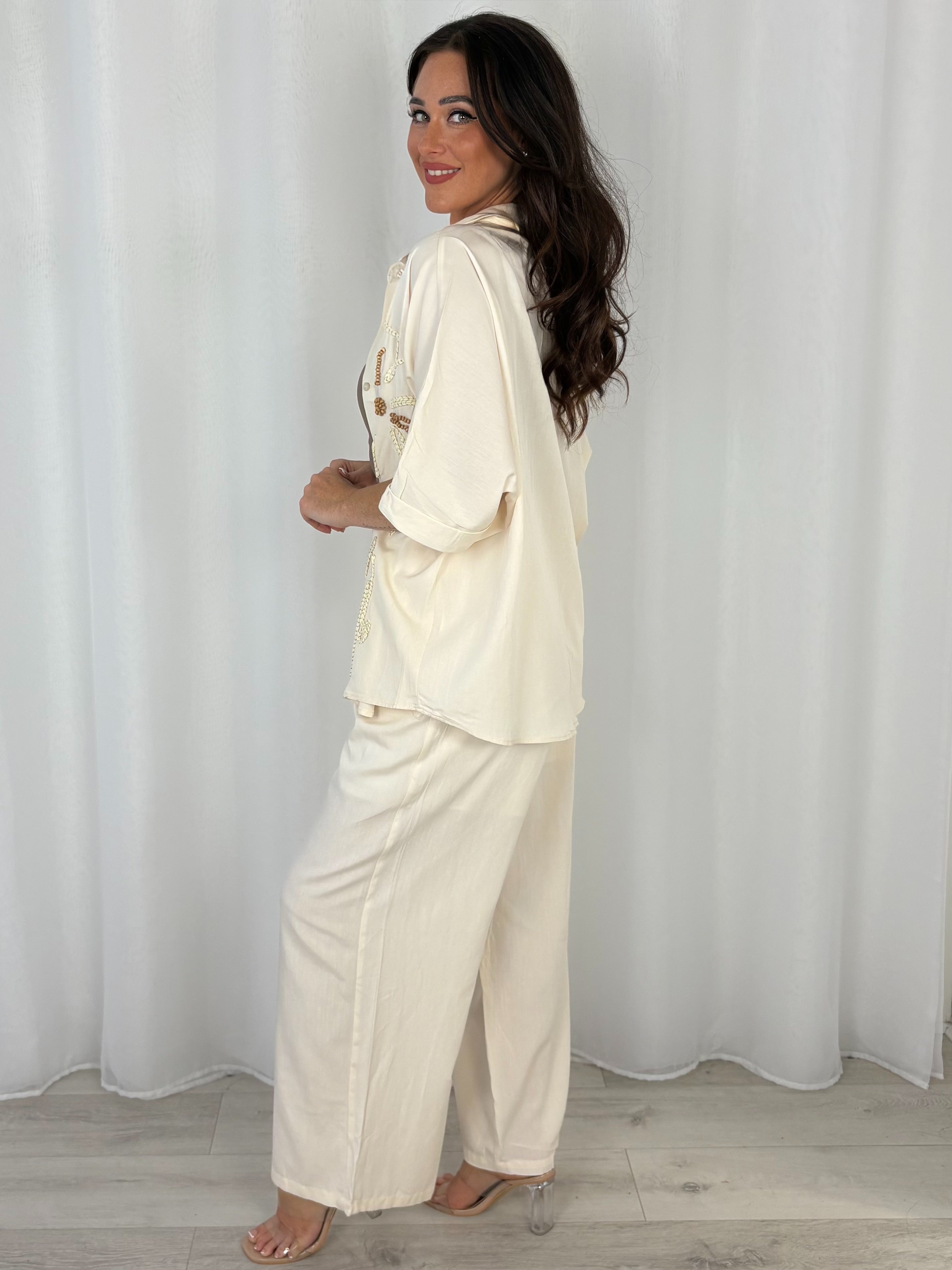 Palm Tree Beaded Detailing Shirt And Trouser Co-Ord