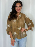 Knitted Flower Detail Pearl Button Shirt (2 Colours)
