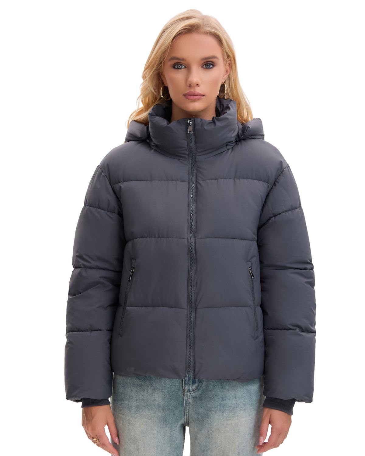 Warm Core Premium Short Puffer Jackets with Removable Hood & Optional Faux Fur Linging, Lady Casual Outerwear Longsleeves Zip Pockets Warm Quilted Coat