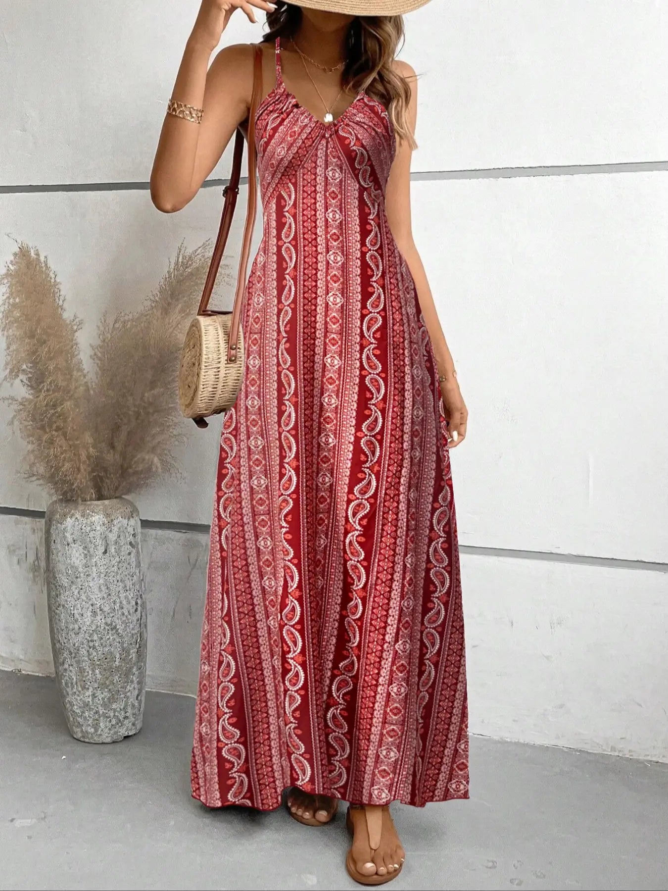 Women's Printed Split Long Sleeveless Dress, Classic Stripe Design, Backless Criss Cross Strap, Spring Summer Fall Wear, Casual Boho Elegant Bohemian Style Womenswear